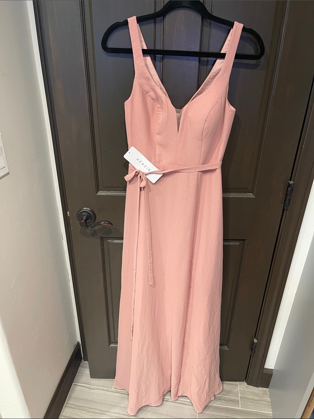 Azazie Blush Pink V-Neck Sleeveless Maxi Bridesmaid Dress with Waist Tie